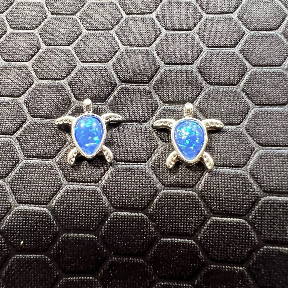 Turtle Stud Earrings with Blue Sea Glass 18K White Gold Plated